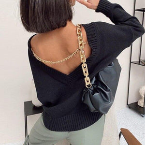 Ladies Sexy Deepv  Back Gold Chain Sweater Women