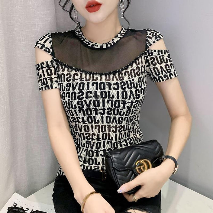 New Round Neck Hand-beaded Short-sleeved T-shirt Women