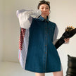 Women's Denim Patchwork Pattern Shirt Dress Loose Korean Style