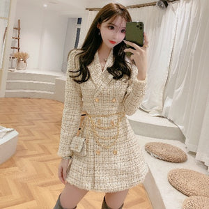 New Gold thread Plaid Suit Coat Women Notched Double breasted Feather Tassel Trim Slim Tweed Jacket With Free Belt bag