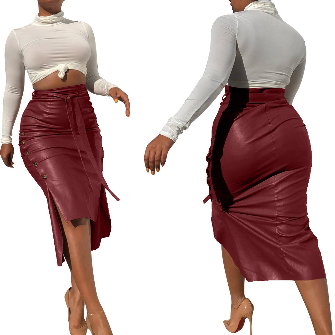 Women's Clothing Sexy Slit Mid-length Slim-fit Lace Up Skirt