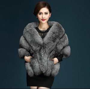 New Fox Fur Silver Coat Shawl Cape Female