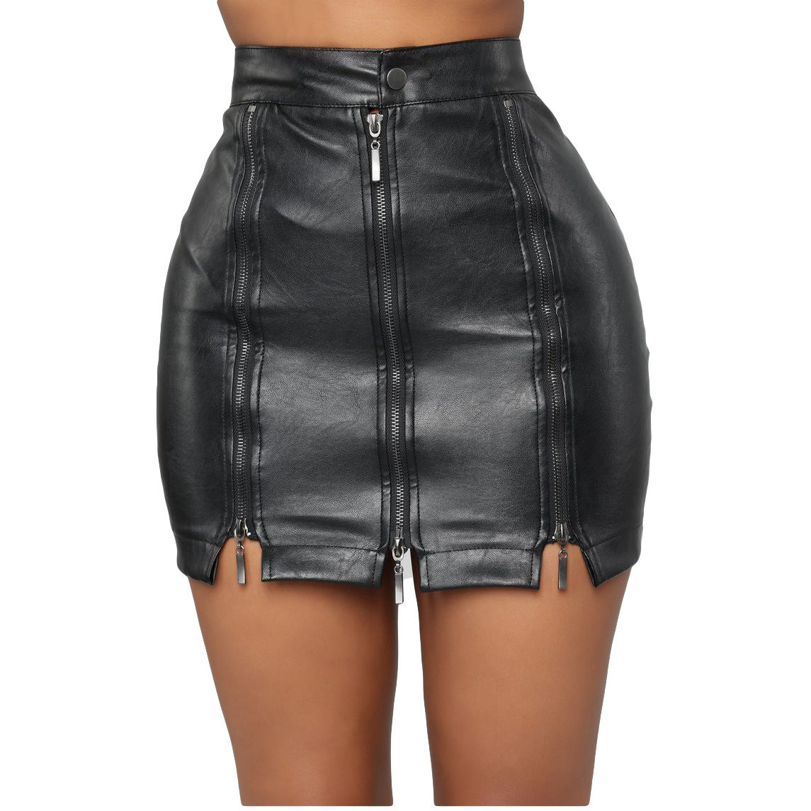 Stitching Strap Black Leather Skirt