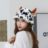 Cow Pattern Fisherman Hat With Cute Horn Winter Fashion Thickened Warm Plush Hat For Women