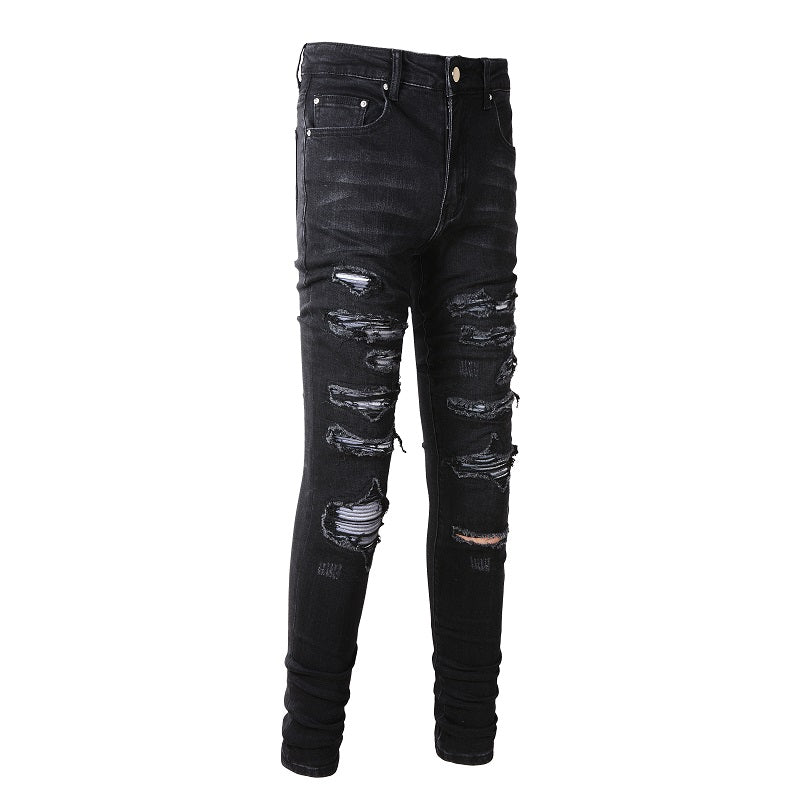 Collated Grey White Dyed Elastic Slim Fit Black Jeans For Men