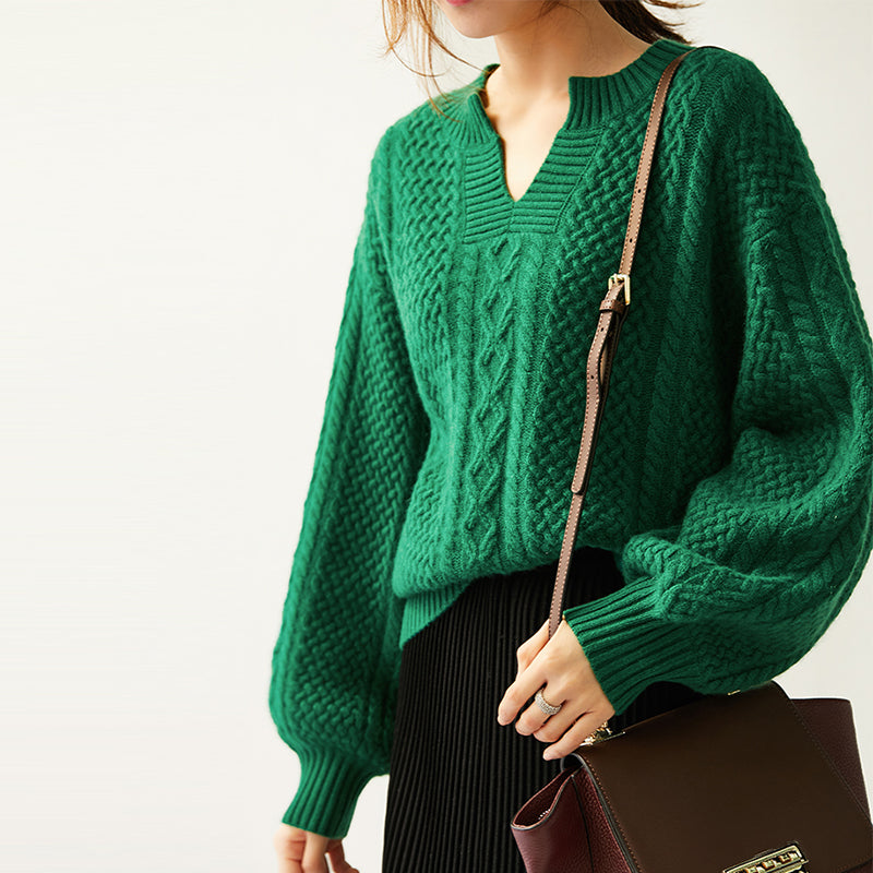 Emerald Wool Sweater Women V-neck Padded Pullover