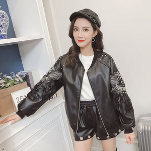 Rivet PU leather tassel short coat