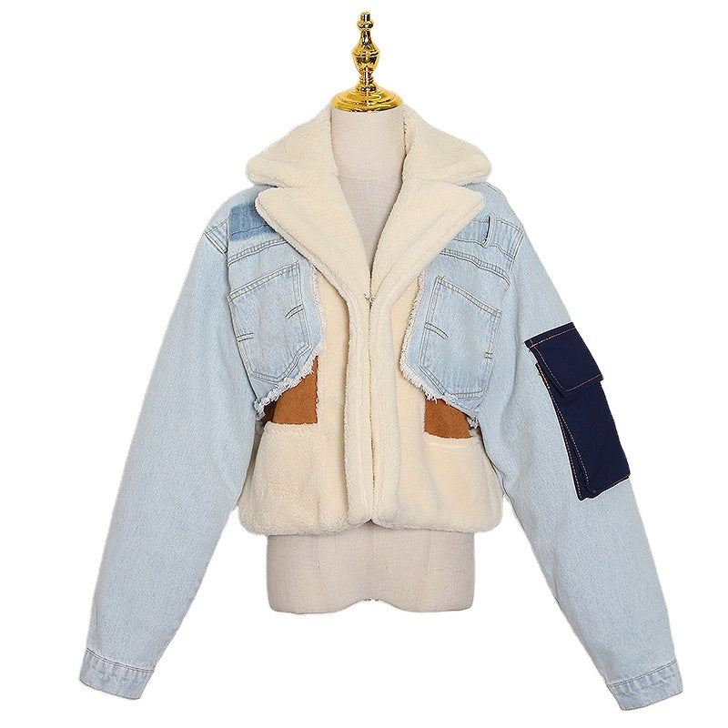 Fashion Stitching Loose Thick Casual Denim Lamb Wool Short Coat For Women