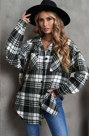 Lapel Single Breasted Shirt Women's Commuting Wear Loose Plaid