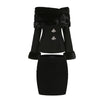 Off-shoulder Imitation Fox Fur Rhinestone Coat Short Skirt Two-piece Set