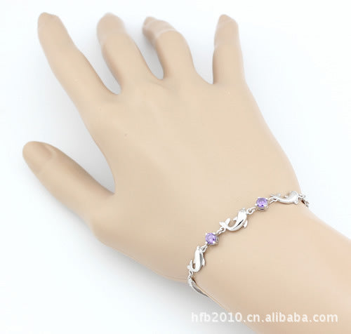 925 Sterling Silver Bracelet Wholesale, Dolphin Amethyst Bracelet, Women's Short Silver Jewelry