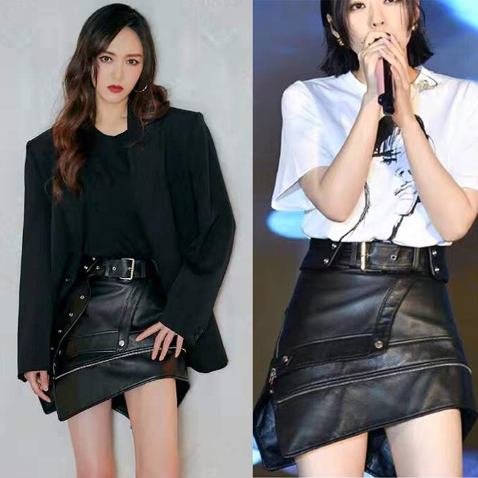 Irregular belt motorcycle leather skirt