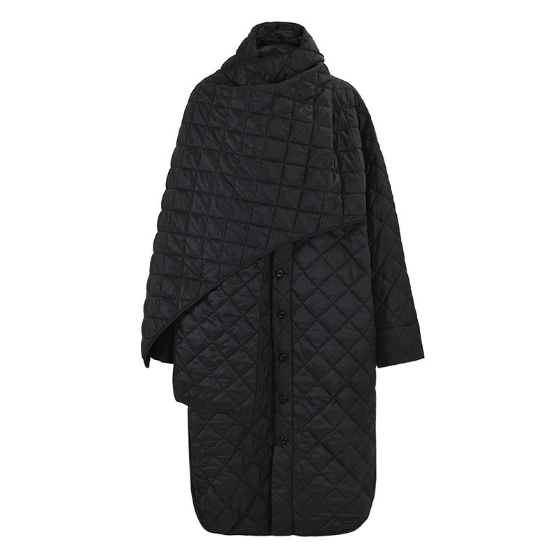 Trendy Scarf Collar Design Rhombic Quilted Loose Long Cotton Jacket Coat