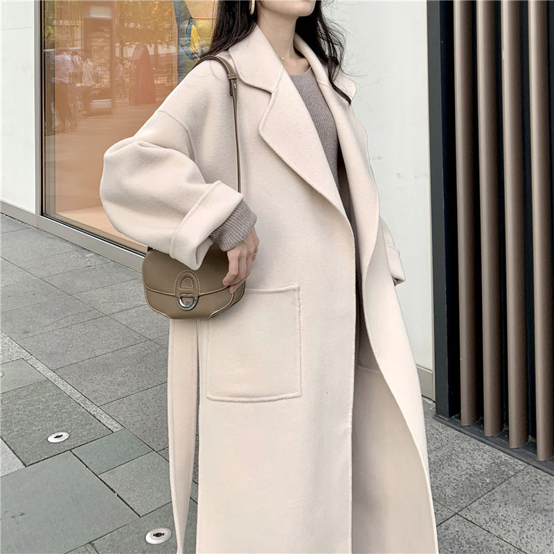 Double-sided Overcoat Long Tie Pure Reversible Woolen Coat