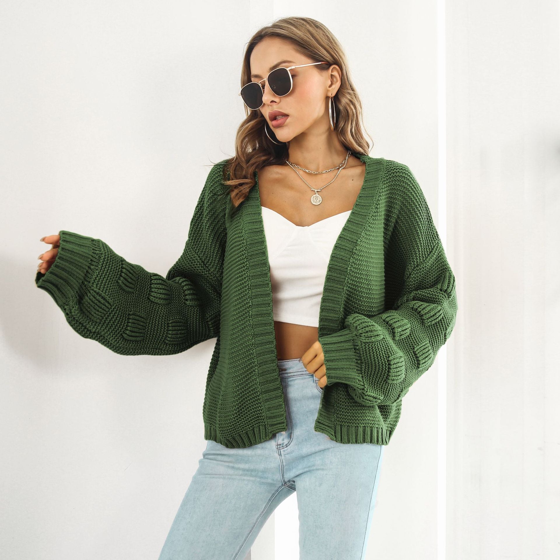 Puff Sleeve Cardigan Sweater Women Front Chunky Knitwear Coat