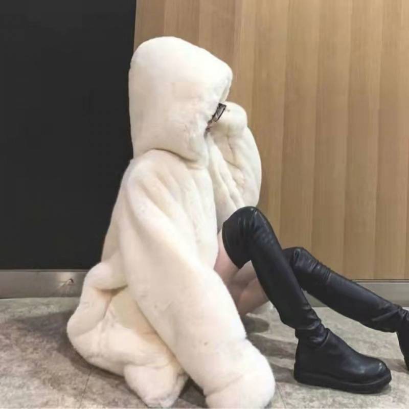 Lamb Plush Hooded Loose Coat Jacket Women