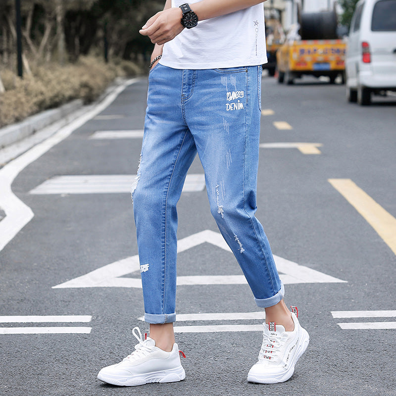 Autumn black ripped ankle jeans men