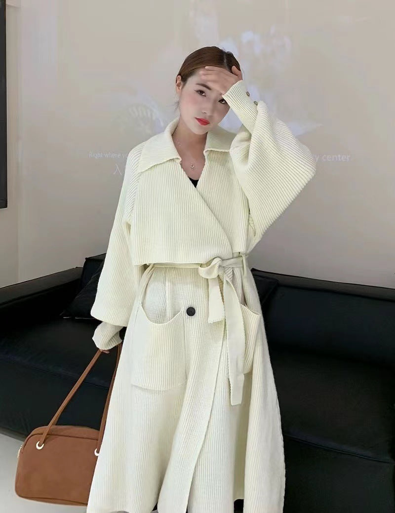 New Elegant Belt Knitted Trench Coat For Women