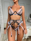 Women's Fashion Ruffles Embroidered Rabbit Hollow Underwear Three-piece Set