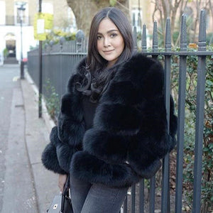 Slim short faux fox fur coat