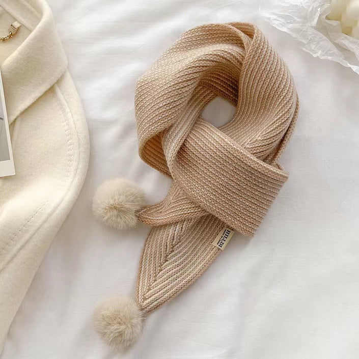 New Style Knitted Wool Ball Striped Scarf For Women