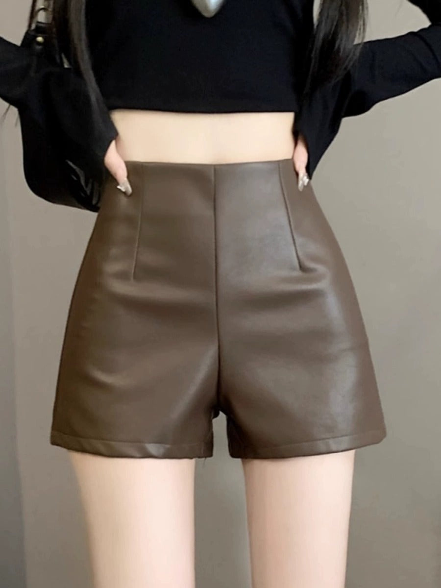 Women's High Waist Outer Wear Slimming PU Leather Shorts