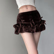 Retro Brown Bow Bandage High Waist Velvet Skirt