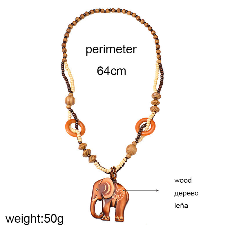 Fashion Retro Artistic Accessories All-match Wooden Long Necklace Elephant Pendant Men And Women Jewelry Hanging