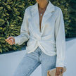 Solid Color Shirt Lapel Twist Long Sleeve V-neck Low-cut Top For Women