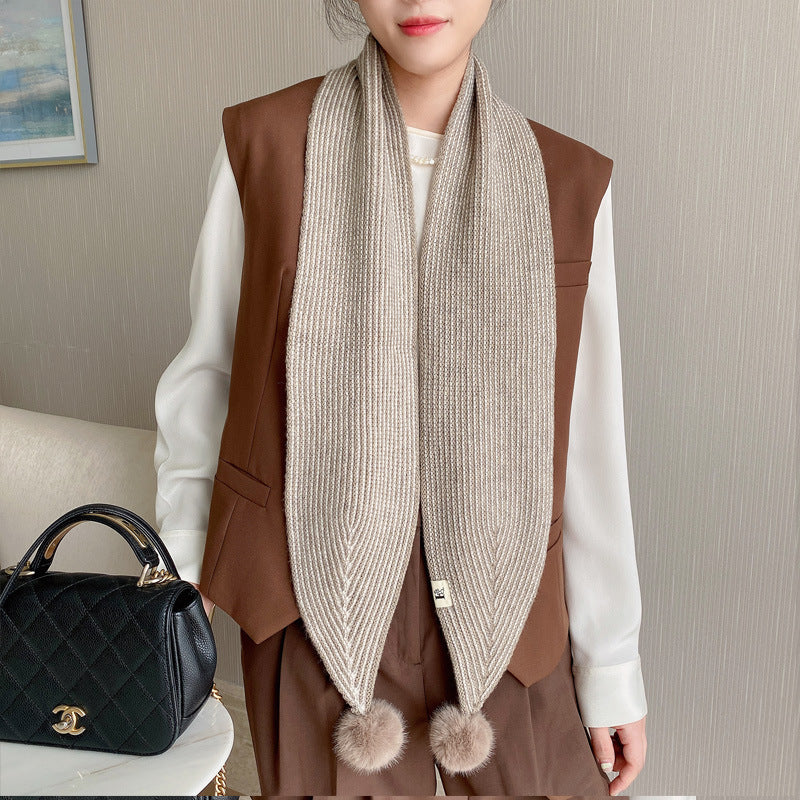 New Style Knitted Wool Ball Striped Scarf For Women