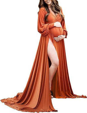 Women's Mercerized Cotton Maternity V-neck Trailing Expandable Dress Long Dress