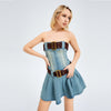 Retro Denim Word Collar Tube Top Dress, Big Waist Band Slim -hot Girl Short Skirt