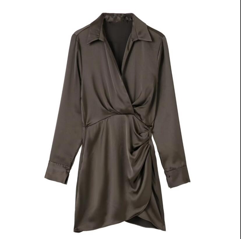 Women's Lapel Silk Satin Long Sleeve Short Dress