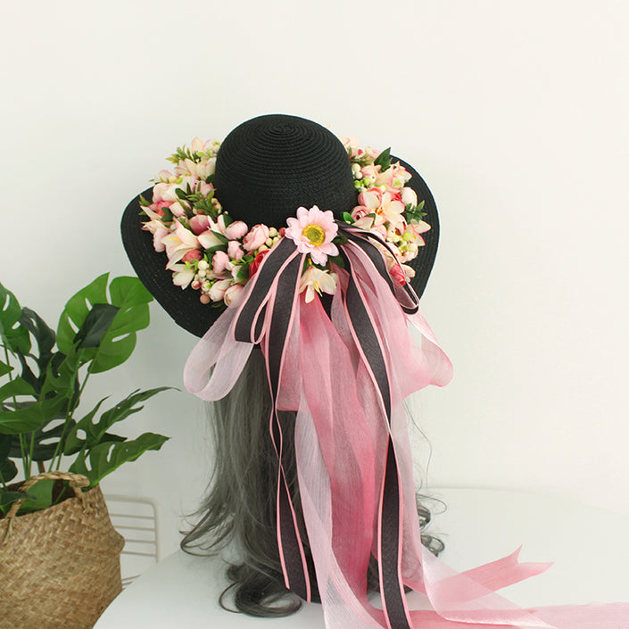 Ladies Handmade Flower Big Brim Straw Hat