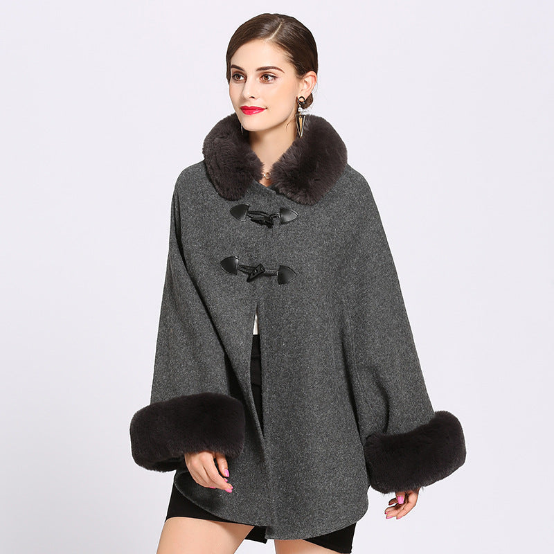 Rex rabbit fur collar double leather woolen coat women