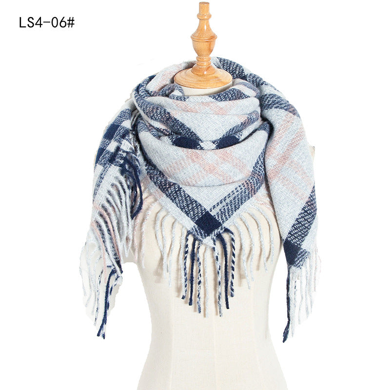 Yarn Stripe Grid Polyester Long Fringed Bristles Square Scarf Women Men's Bib Shawl