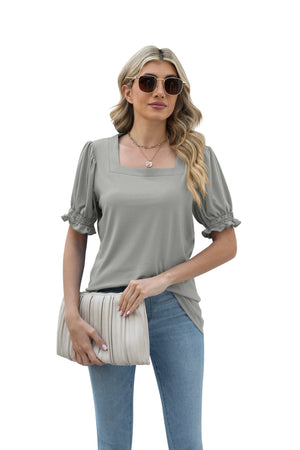 New Solid Color Square Collar Short Sleeve Smocking Loose T-shirt