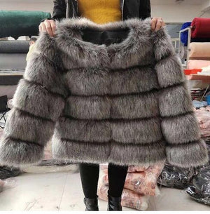 Slim short faux fox fur coat