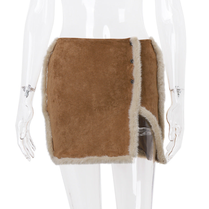 Plush Skirt Button Split Women