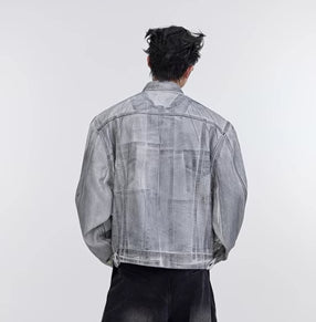 Coated Deconstructed Wash To Make Old Short Padded Shoulder Denim Jacket