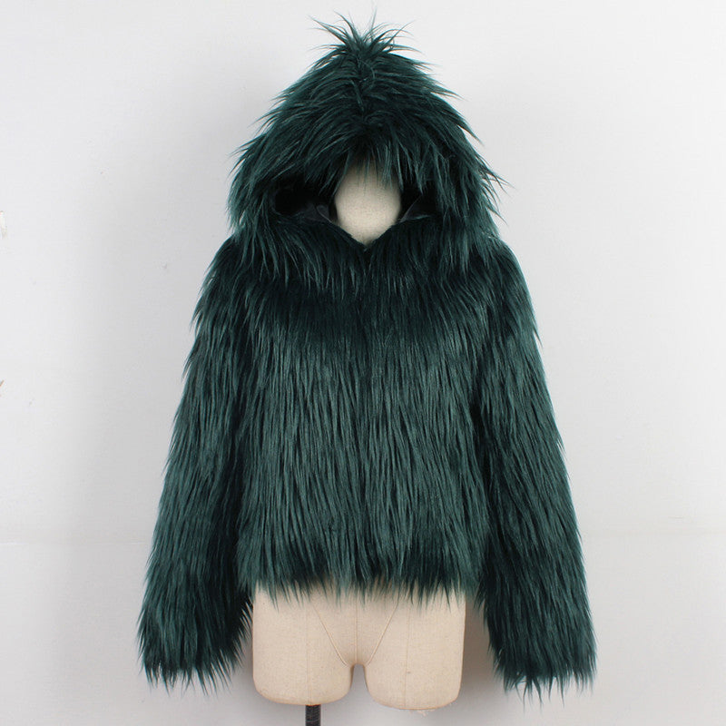 Ladies Hooded Washed Wool And Faux Fur Coat