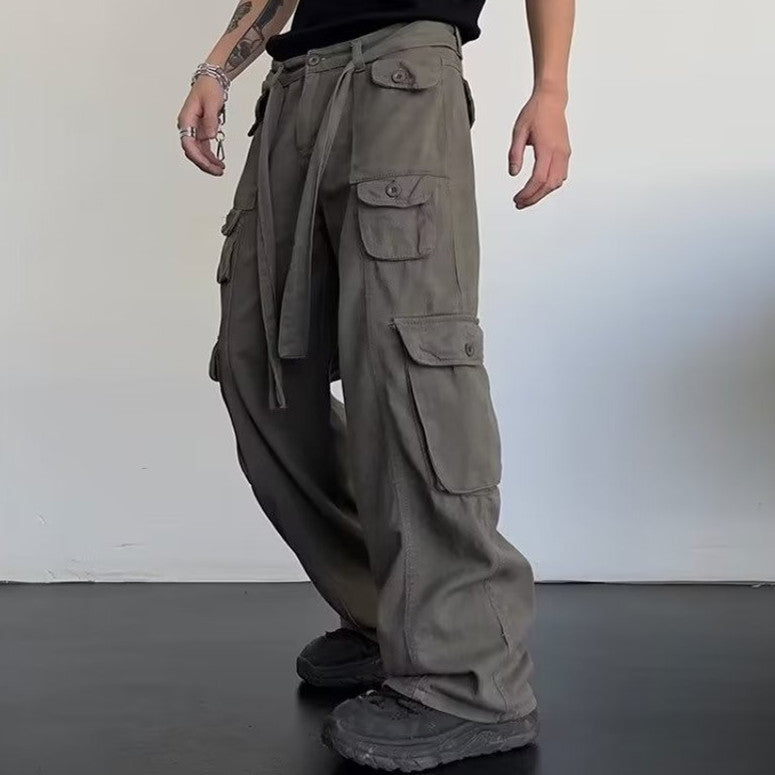 Retro Hip Hop Pu Shuai Japanese Straight Casual Multi-pocket Cargo Pants Men