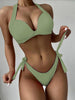 Solid Color Neck Bikini Strap Split Hard Cup Crimp Swimsuit