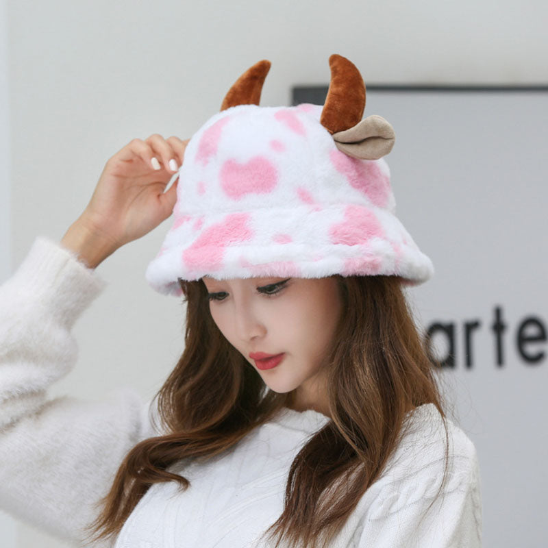 Cow Pattern Fisherman Hat With Cute Horn Winter Fashion Thickened Warm Plush Hat For Women