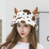 Cow Pattern Fisherman Hat With Cute Horn Winter Fashion Thickened Warm Plush Hat For Women