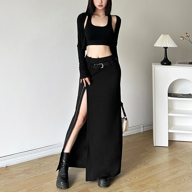 High Waist Belt Split Sheath Skirt