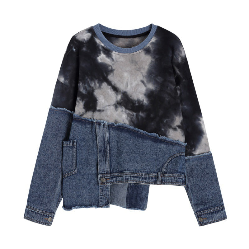 Personalized Color Tie-dye Loose Denim Stitching Long-sleeved Sweater Ins