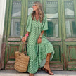 Women's Vintage Printed Bohemian Dress Elegant Ladies Casual Loose V-Neck Short Sleeve Long Dresses