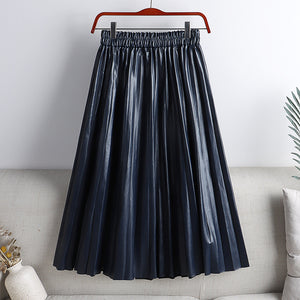 Solid Color Mid-length High Waist PU Leather Pleated Skirt For Women