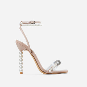 Square Toe Stiletto Heel Heels Rhinestone Bow Pearl Strap Large Size Women's Shoes